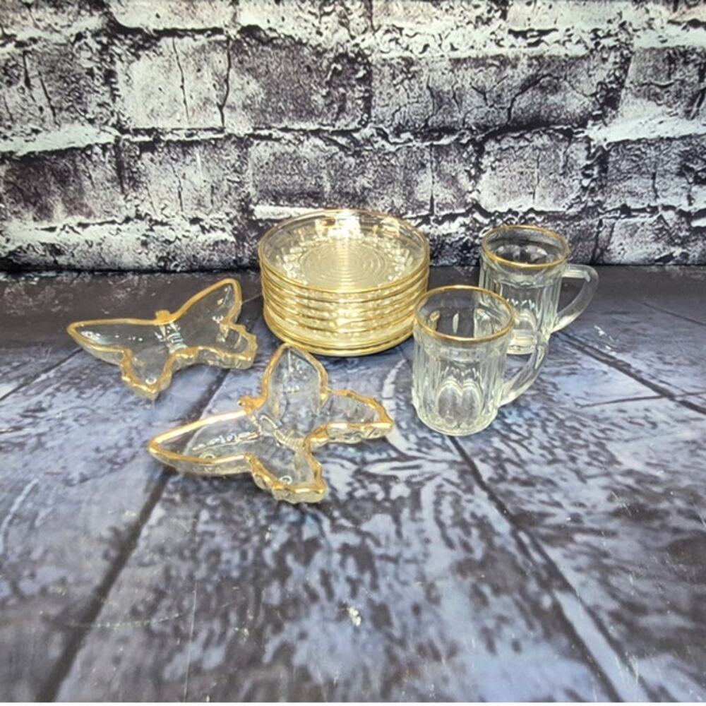 Set of 9 pieces vintage Glass with gold trim